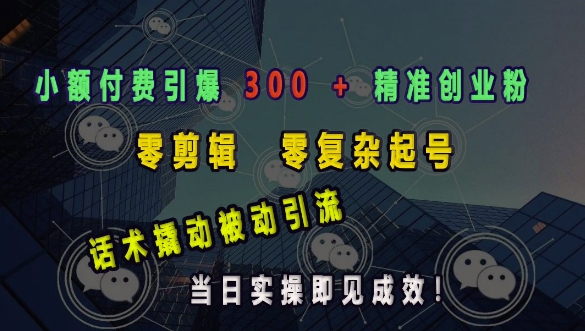 小额付费引爆 300 + 精准创业粉，零剪辑、零复杂起号，话术撬动被动引流，当日实操即见成效-58创网