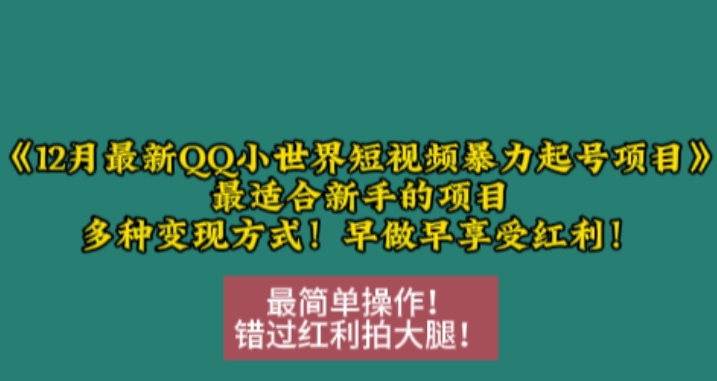 12月最新QQ小世界短视频暴力起号项目，最适合新手的项目，多种变现方式-58创网