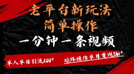 老平台，新玩法，简单操作，一分钟一条视频，单人单人引流200+矩阵操作，单月变现过w-58创网