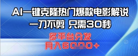 AI一键克隆热门爆款电影解说，一刀不剪，只需30秒，多平台分发，月入6k-58创网
