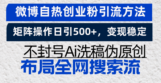 微博自热创业粉引流方法，矩阵操作日引500+，变现稳定，不封号Ai洗稿伪…-58创网