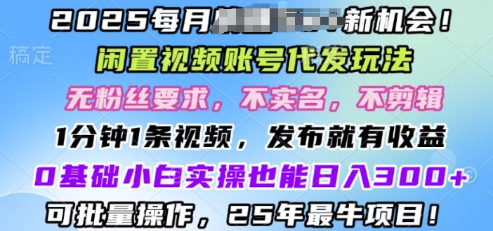 2025闲置视频账号一键代发玩法，0粉不实名不剪辑，领了视频直接发，0基础小白也能日入3张-58创网