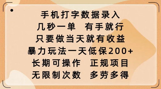 手机打字数据录入，几秒一单，有手就行，只要做当天就有收益，暴力玩法一天低保2张-58创网