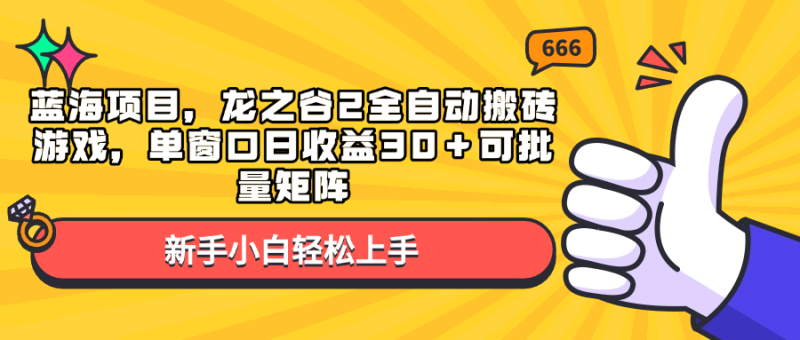 蓝海项目，龙之谷2全自动搬砖游戏，单窗口日收益30＋可批量矩阵-58创网