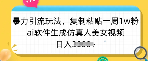 暴力引流玩法，复制粘贴一周1w粉，ai软件生成仿真人美女视频，日入多张-58创网