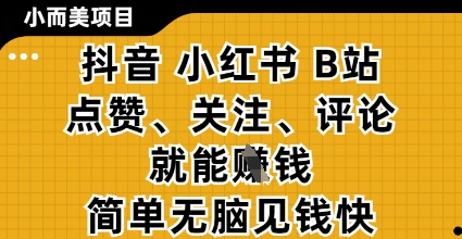 小而美的项目，抖音小红书B站视频点赞、关注、评论就能挣钱，简单无脑立见收益，妥妥的零撸项目【揭秘】-58创网