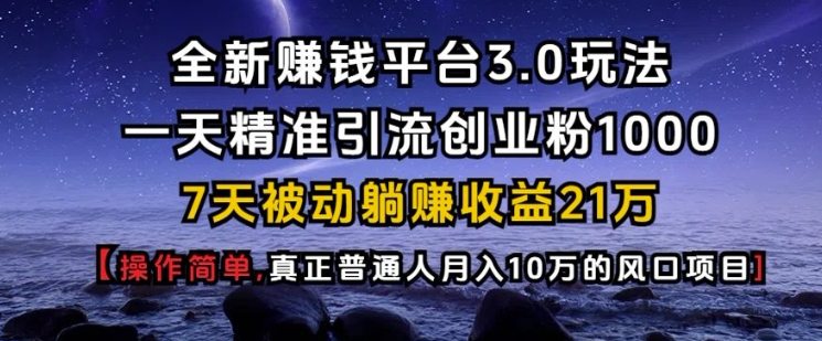 全新赚钱平台3.0玩法一天精准引流创业粉1000.7天被动躺Z收益21W【仅揭秘】-58创网