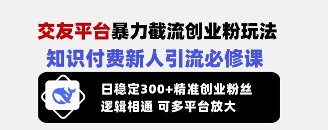 交友平台暴力截流创业粉玩法，知识付费新人引流必修课，日稳定300+精准创业粉丝，逻辑相通可多平台放大-58创网