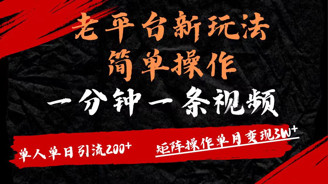 老平台，新玩法，简单操作，一分钟一条视频，单人单人引流200+矩阵操作，单月变现3W-58创网