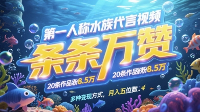 第一人称水族代言视频，条条万赞，20条作品涨粉7.8W，多种变现方式月入五位数-58创网