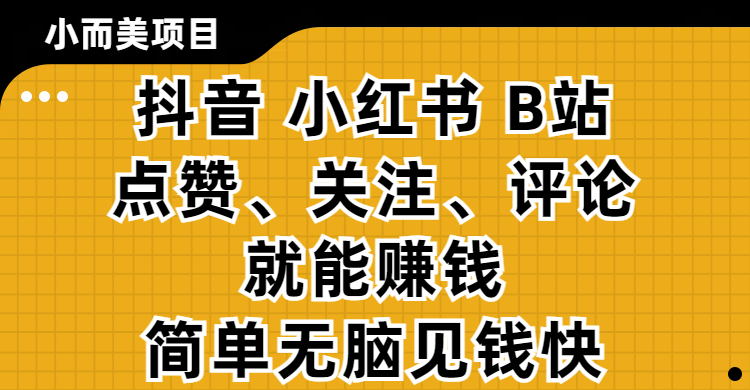 小而美的项目，抖音、小红书、B站视频点赞、关注、评论就能赚钱，简单无脑立见收益！妥妥的零撸项目-58创网
