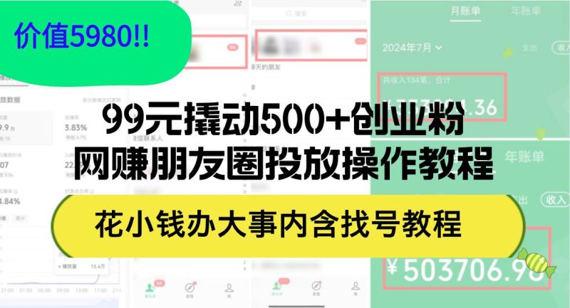 99元撬动500+创业粉，网赚朋友圈投放操作教程价值5980！花小钱办大事内…-58创网