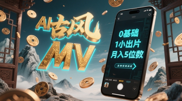 AI一键生成古风音乐MV，0剪辑基础1小时出片，多种变现渠道，一部手机月入5位数-58创网