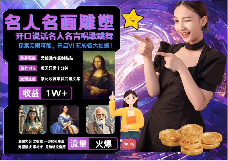 AI暴力起号 世界名画名人名言超强反转唱歌跳舞说话   吸睛火爆流量爆炸  每天三分钟 轻松月入破W-58创网