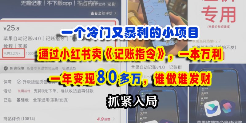一个冷门又暴利的小项目，通过小红书卖《记账指令》，一本万利，一年变现80多万，谁做谁发财-58创网
