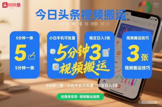 今日头条视频搬运，5分钟一条，小白手机可批量，稳定日入3张-58创客