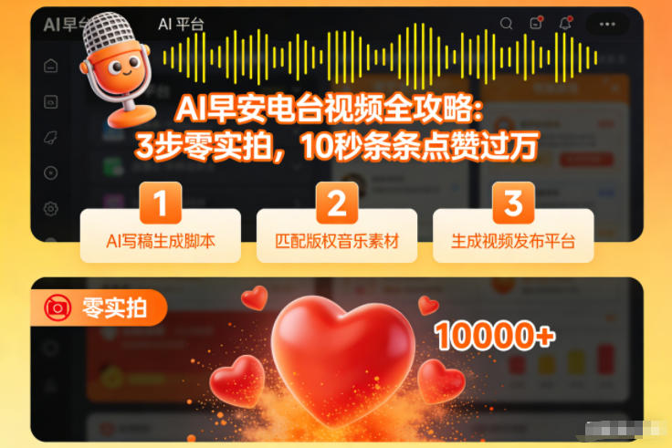 AI早安电台视频全攻略：3步零实拍，10秒条条点赞过万-58创客