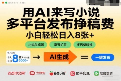 用AI来写小说，多平台发布挣稿费，小白轻松日入8张+，长期稳定项目-58创客