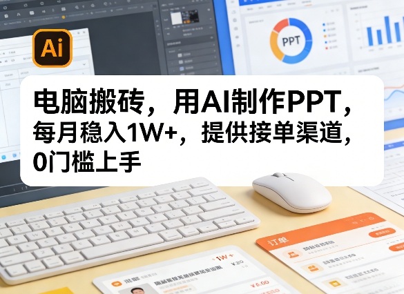 电脑搬砖，用AI制作PPT，每月稳入1W+，提供接单渠道，0门槛上手！-58创客
