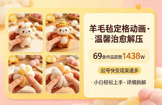 羊毛毡定格动画，温馨治愈解压，69条作品获赞1438W，起号快变现渠道多，小白轻松上手，详细拆解-58创客