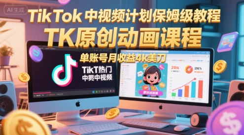 TikTok中视频计划保姆级教程，TK原创动画课程，单账号月收益4k美刀-58创客网