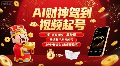 AI财神驾到视频起号，爆600W播放量，快速起千粉万粉号，3分钟教会你(附详细教程)-58创客网