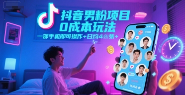 抖音男粉项目0成本玩法，一部手机即可操作，日均4张+，时间自由-58创客网