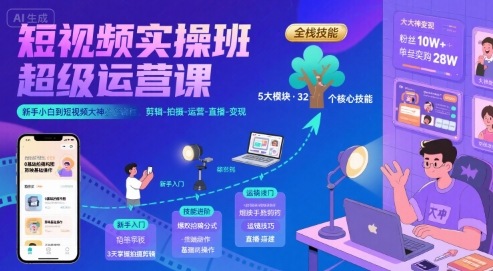 短视频实操班超级运营课，新手小白到短视频大神必修课程，剪辑-拍摄-运营-直播-变现-多米联创