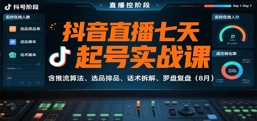 抖音直播七天起号实战课：含推流算法、选品排品、话术拆解、罗盘复盘(8月)-58创客网