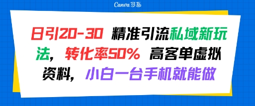 日引 20-30 精准引流私域新玩法，转化率50% 高客单虚拟资料，小白一台手机就能做-58创客网