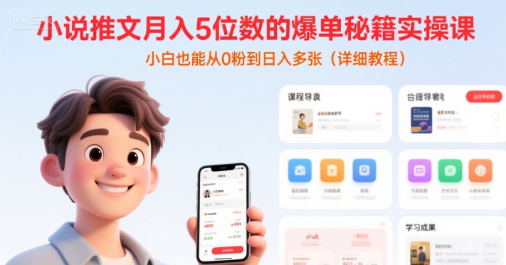 小说推文月入5位数的爆单秘籍实操课，，小白也能从0粉到日入多张(详细教程)-多米联创