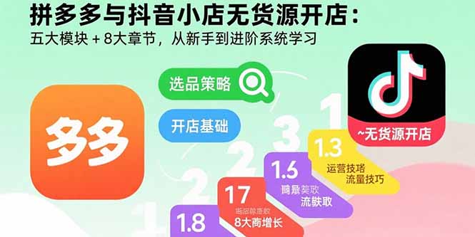 拼多多与抖音小店无货源开店：五大模块+8大章节，从新手到进阶系统学习-58创客网