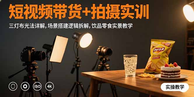 短视频带货+拍摄实训：三灯布光法详解,场景搭建逻辑拆解,饮品零食实景教学-58创客网