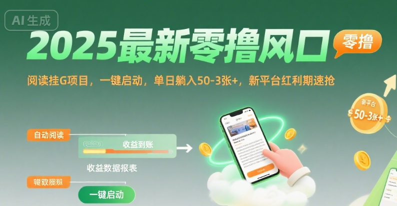 2025最新零撸风口，阅读挂G项目，一键启动，单日躺入 50-3张+，新平台红利期速抢【揭秘】-58创客网