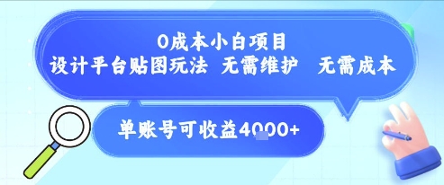 0成本小白项目，设计平台贴图玩法，无需维护，无需成本，单账号单月可产生收益4k+-58创客网
