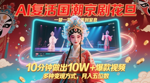 AI复活国潮京剧花旦，一颦一笑美到窒息，10分钟做出10W+爆款视频，多种变现方式，月入五位数-58创客网