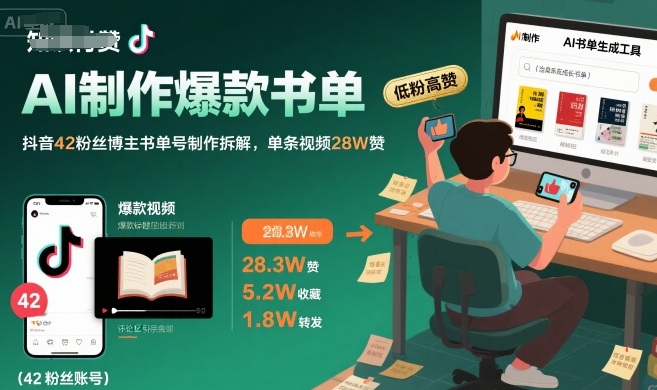 AI制作爆款书单，抖音42粉丝博主书单号制作拆解，单条视频28W赞-58创客网
