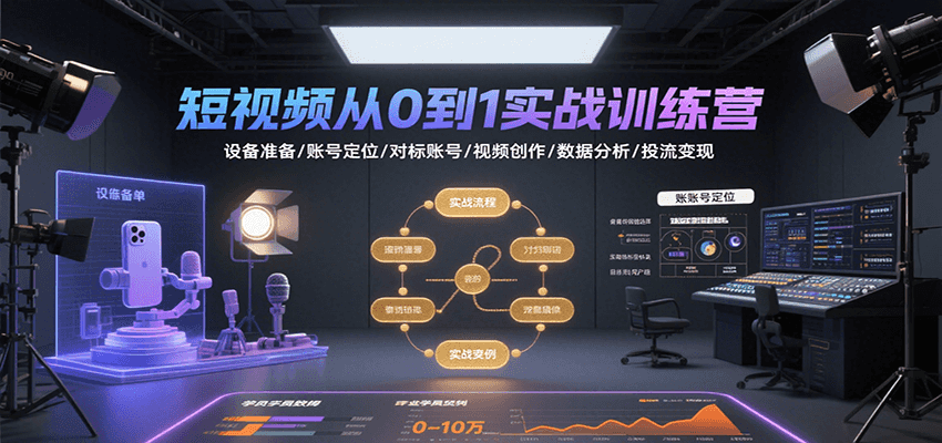 短视频从0到1实战训练营：设备准备/账号定位/对标账号/视频创作/数据分析/投流变现-多米联创