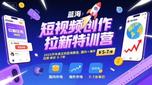 短视频创作拉新特训营，2025开年真正的蓝海赛道，国内+海外，拉新单价5-7米-58创客网