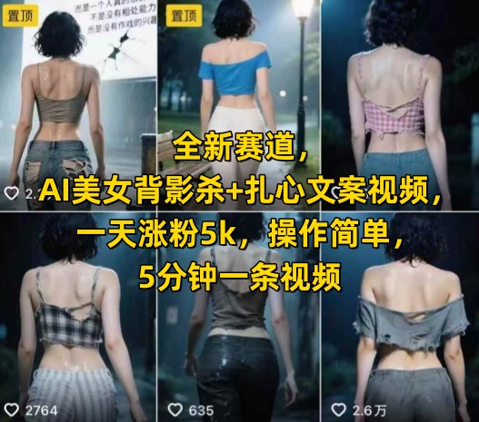 全新赛道，AI美女背影杀+扎心文案视频，一天涨粉5k，操作简单，5分钟一条视频-58创客网