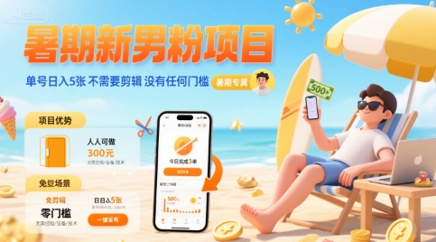 暑期新男粉项目 单号日入5张 不需要剪辑  没有任何门槛-58创客网