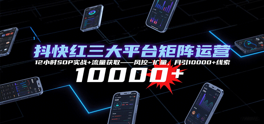 抖快红三大平台矩阵运营，12小时SOP实战+流量获取-风控-扩量，月引10000+线索-58创客网