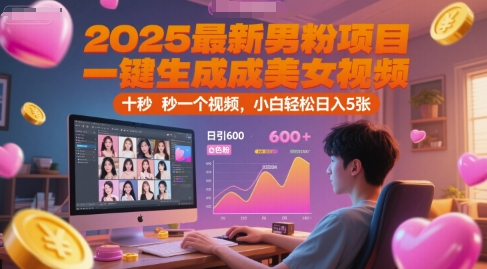 2025最新男粉项目，一键生成美女视频，日引600+色粉 十秒一个视频，小白轻松日入5张【揭秘】-多米联创