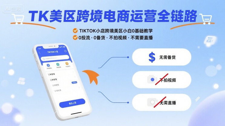TK美区跨境电商运营全链路，TIKTOK小店跨境美区小白0基础教学，0投流0备货不拍视频不需要直播-多米联创