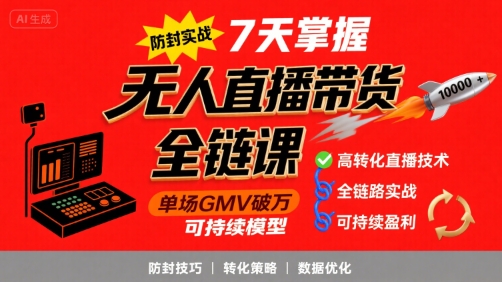无人直播带货全链防封实战课，7天掌握高转化直播技术，实现单场GMV破万可持续模型-58创客网