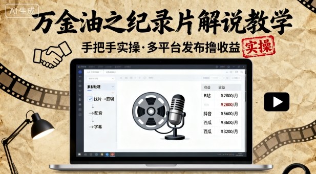 万金油之纪录片解说教学，手把手教你，完全实操，多平台发布撸收益-58创客网