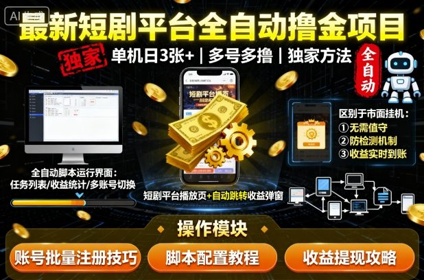 最新短剧平台全自动挂G撸金项目，单机一天3张+，多号多撸，区别于市面所有挂机项目，独家方法【揭秘】-多米联创