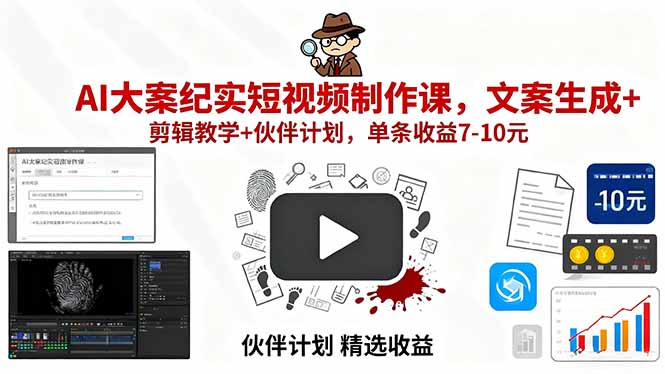 AI大案纪实短视频制作课，文案生成+剪辑教学+伙伴计划，单条收益7-10元-58创客网