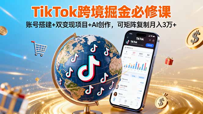 TikTo跨境掘金必修课，账号搭建+双变现项目+AI创作，可矩阵复制月入3万+-多米联创
