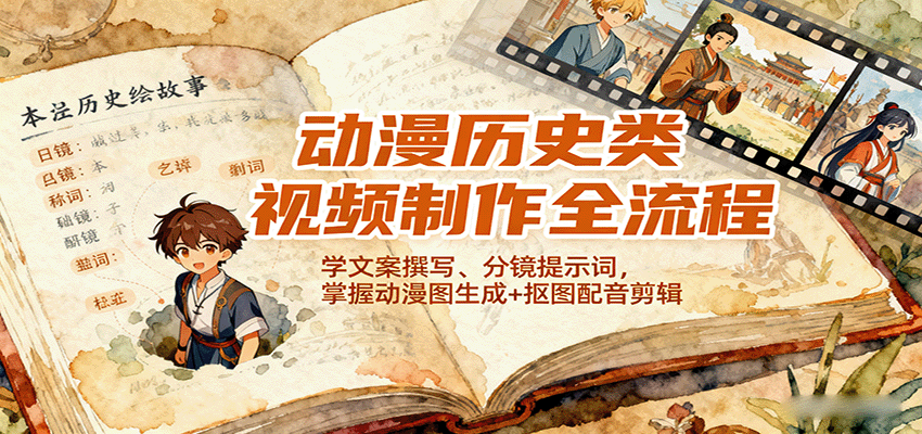 动漫历史类视频制作全流程，学文案撰写、分镜提示词，掌握动漫图生成+抠图配音剪辑-多米联创